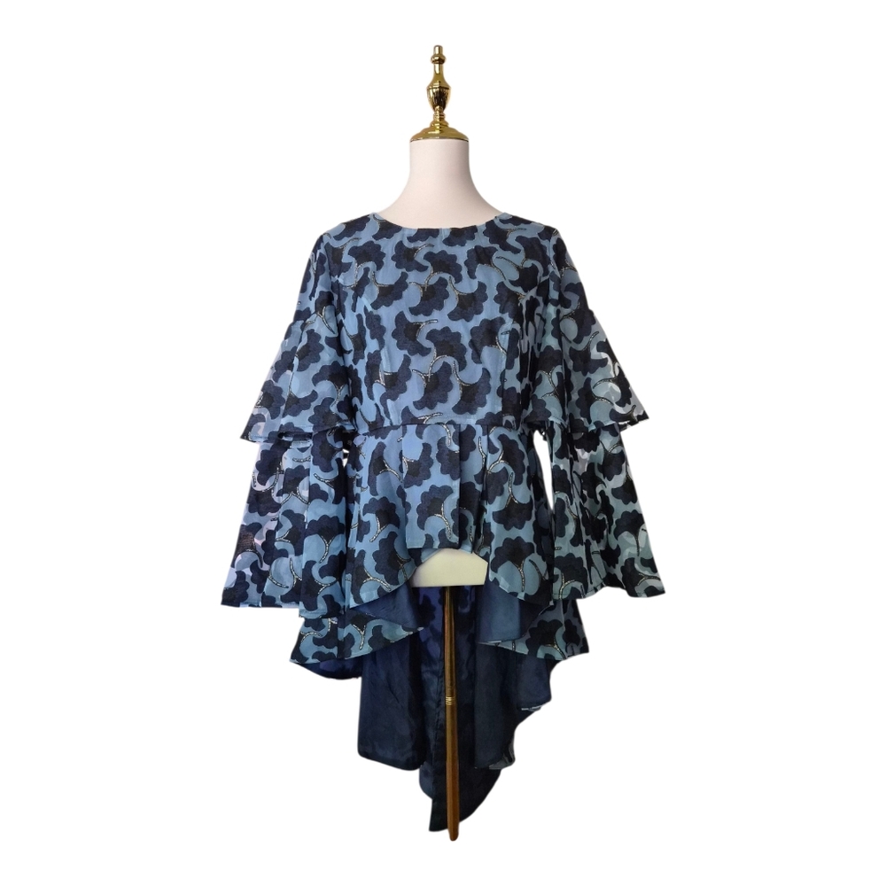 Dorinda Clark-Cole Rose Collection‎ Blue Floral High-Low Ruffle Top Size 12
